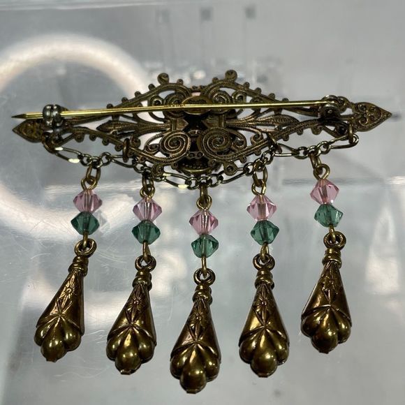 SOLD! Sadie Green Victorian Filigree Brass Brooch / Pin - Picture 2 of 3